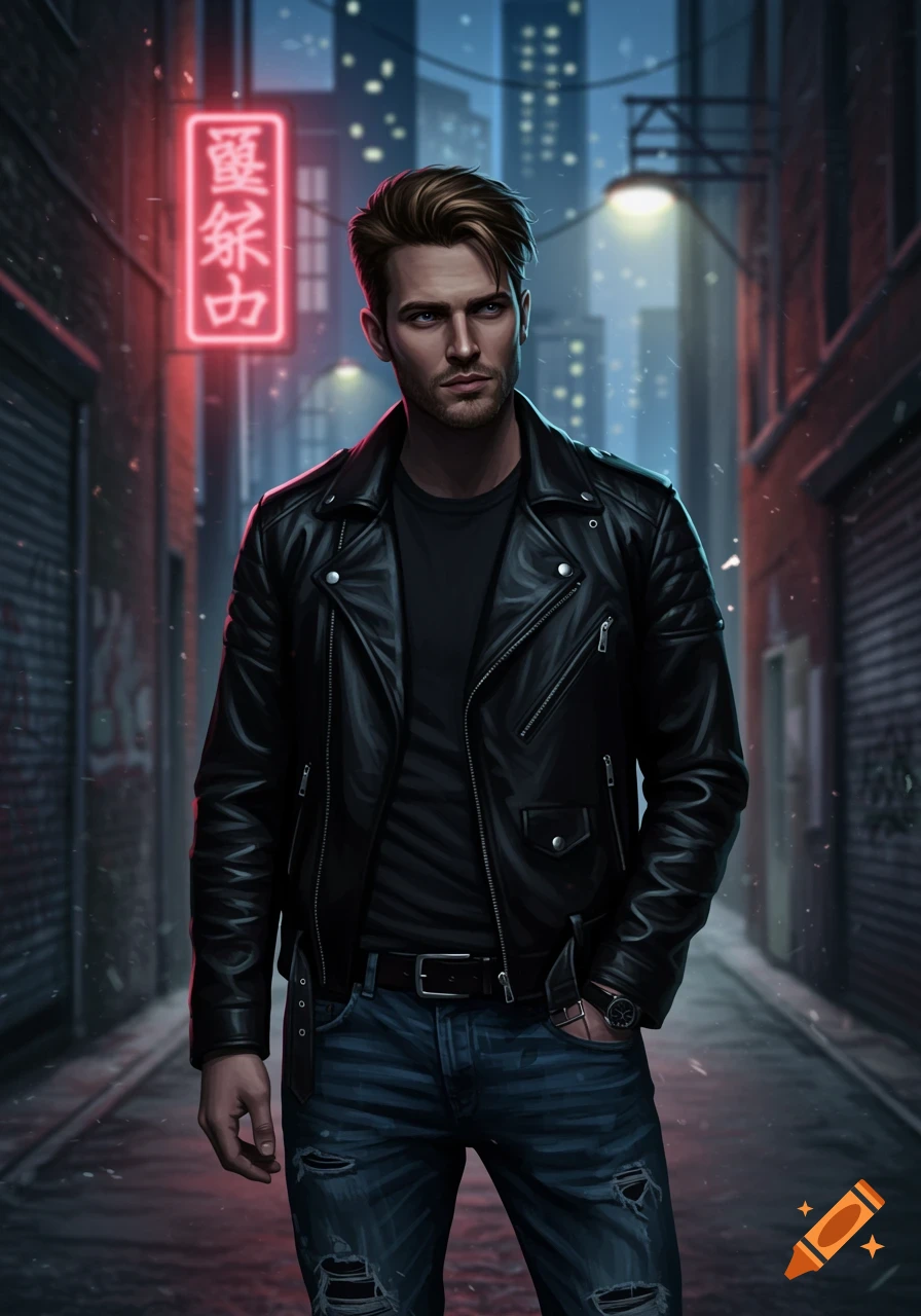 A man in a black leather jacket and ripped jeans stands in a dark urban alley with neon lights.