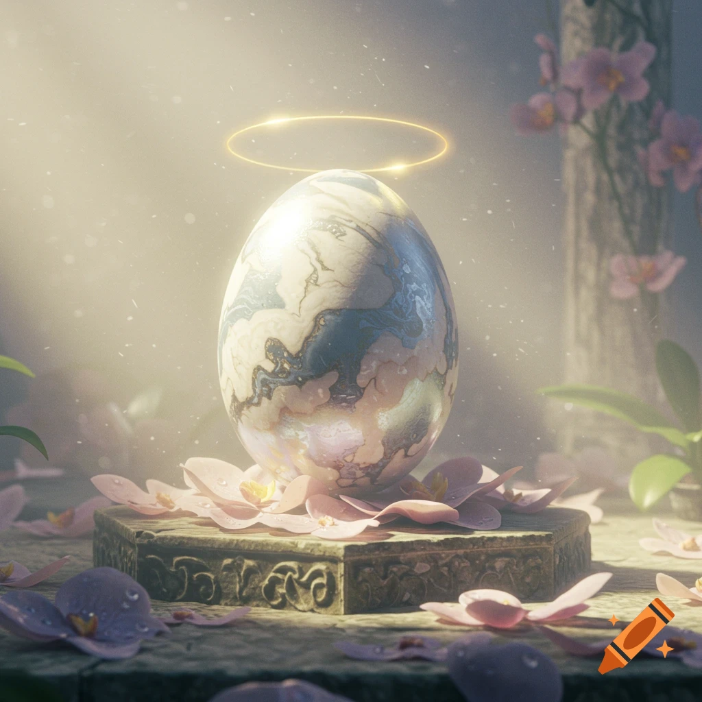 A glowing, marbled egg with a golden halo sits on a stone pedestal surrounded by pink orchid petals in a mystical, sunlit garden.