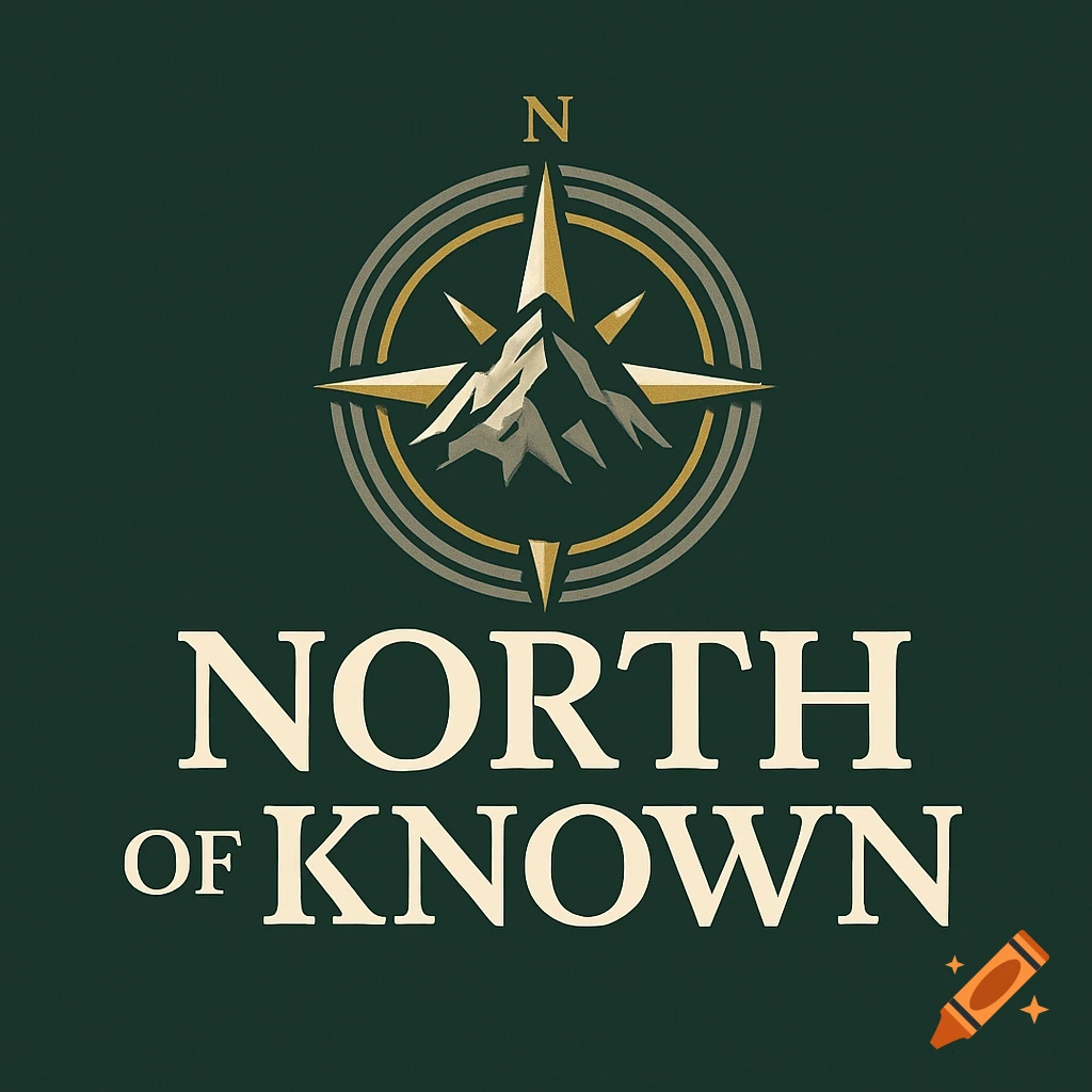 Logo with a gold compass and mountain icon above the text 'NORTH OF KNOWN' on a dark green background.