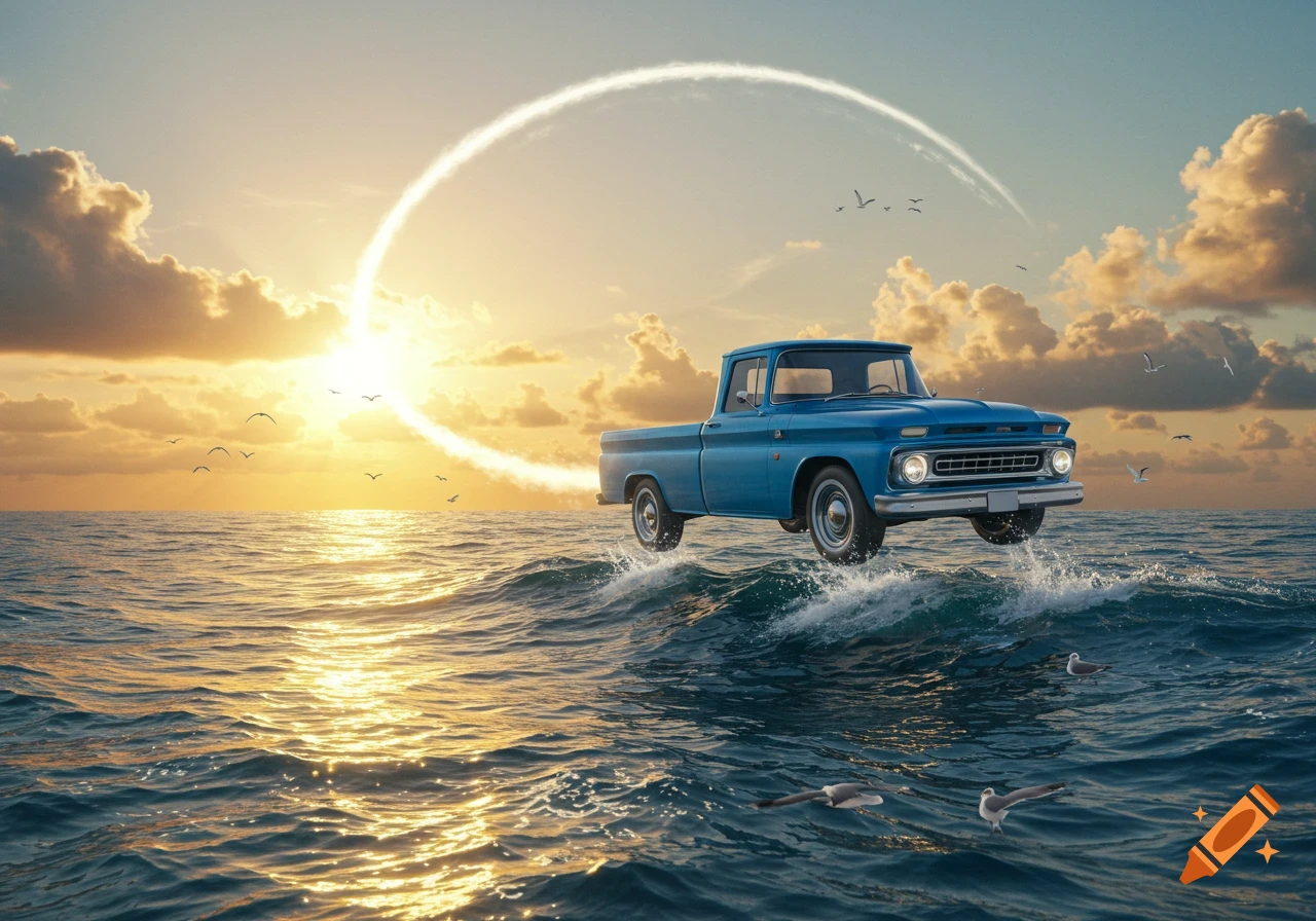 A blue pickup truck flies over a wavy ocean at sunset, leaving a white circular trail behind it.
