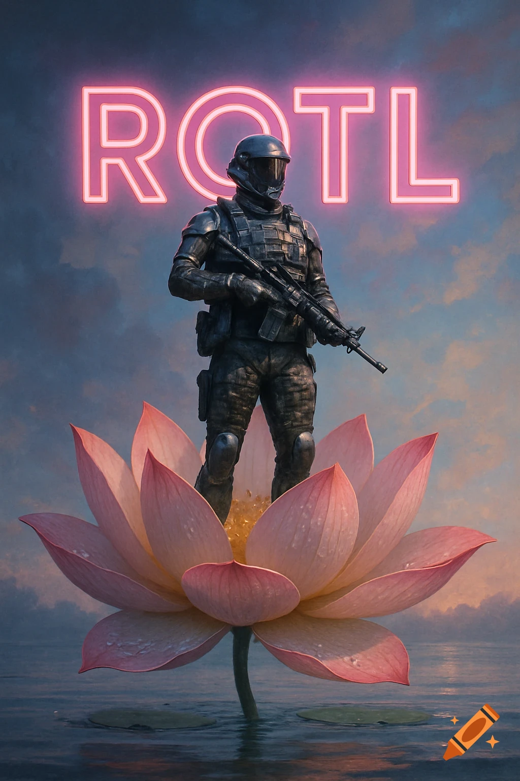 A soldier in modern military gear stands atop a large pink lotus flower on water, with bright pink neon letters 'ROTL' in the sky behind him.