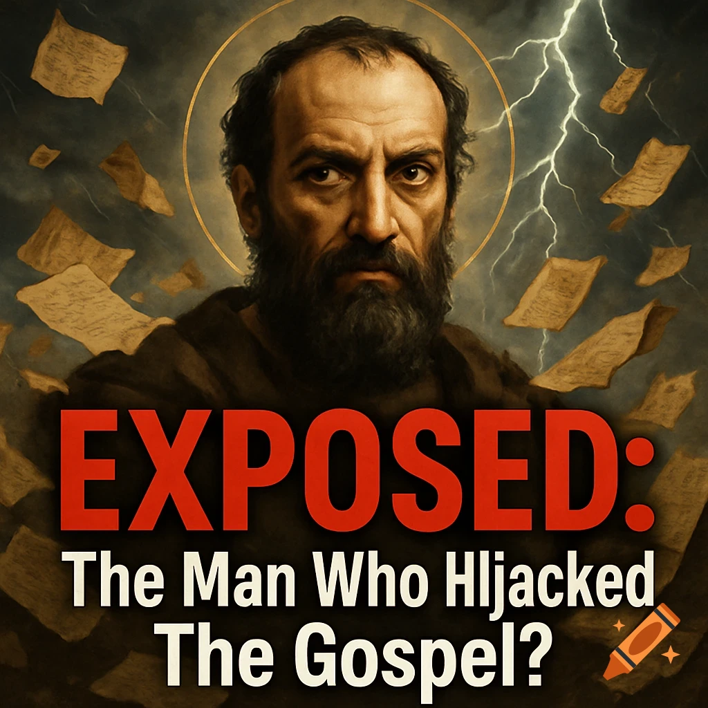 A dramatic portrait of a bearded man with a halo, against a stormy sky with lightning and floating papers, with text 'EXPOSED: The Man Who HIJACKED The Gospel?'.