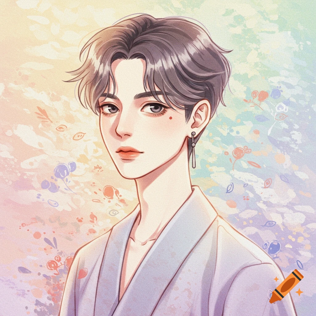 Anime-style digital portrait of a young person with short dark hair, wearing a light kimono, against a soft watercolor background.