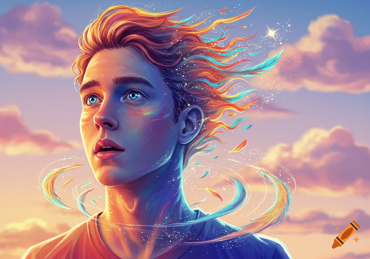 A stylized portrait of a young person looking up, with vibrant, colorful, flowing hair and sparkling energy.
