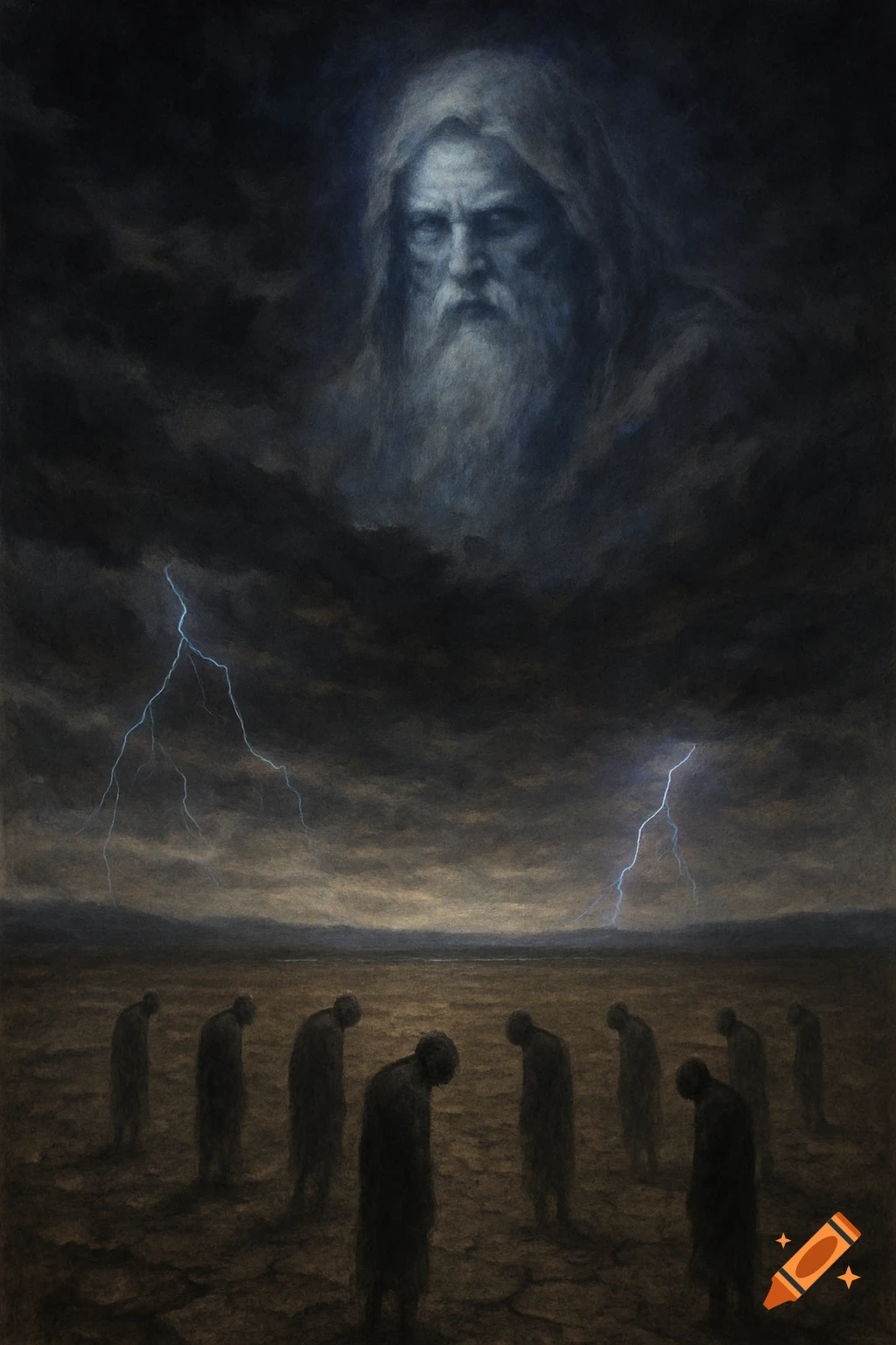 A powerful, bearded man's face looms in dark stormy clouds with lightning, overlooking shadowed figures bowed on a cracked desert landscape.