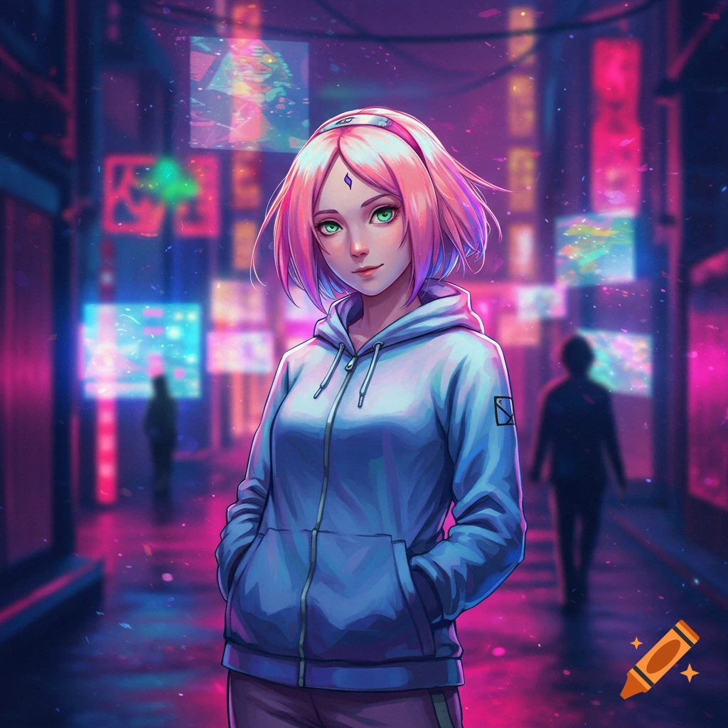 Anime girl with pink hair and green eyes, wearing a hoodie, standing on a neon-lit cyberpunk city street.