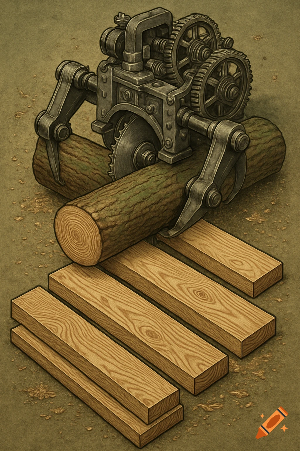 A top-down 2D illustration of a gray wood-cutting machine on a log, creating planks on the ground.