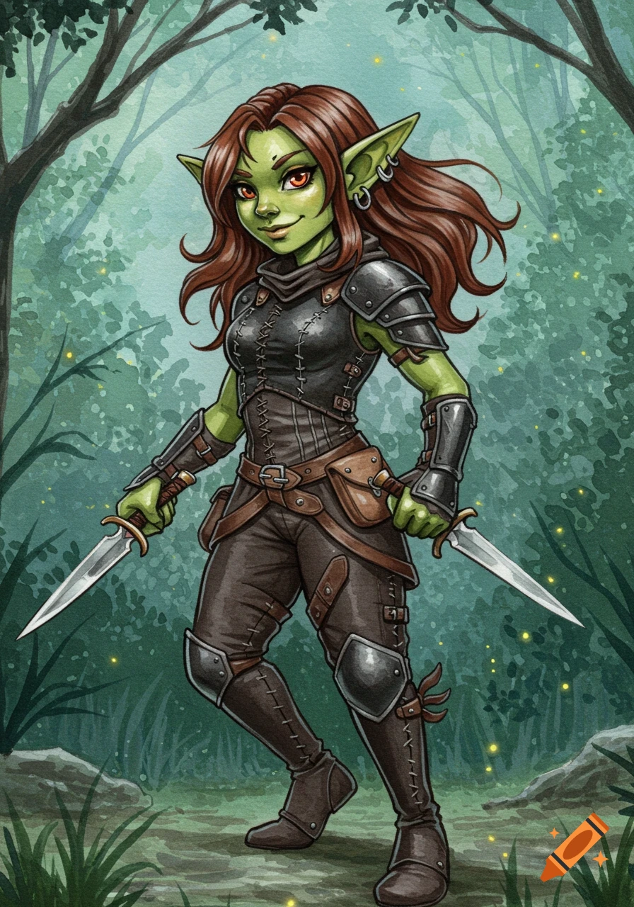 A cute female goblin rogue with long brown hair, wearing black leather armor, wielding two daggers in a watercolor style forest.