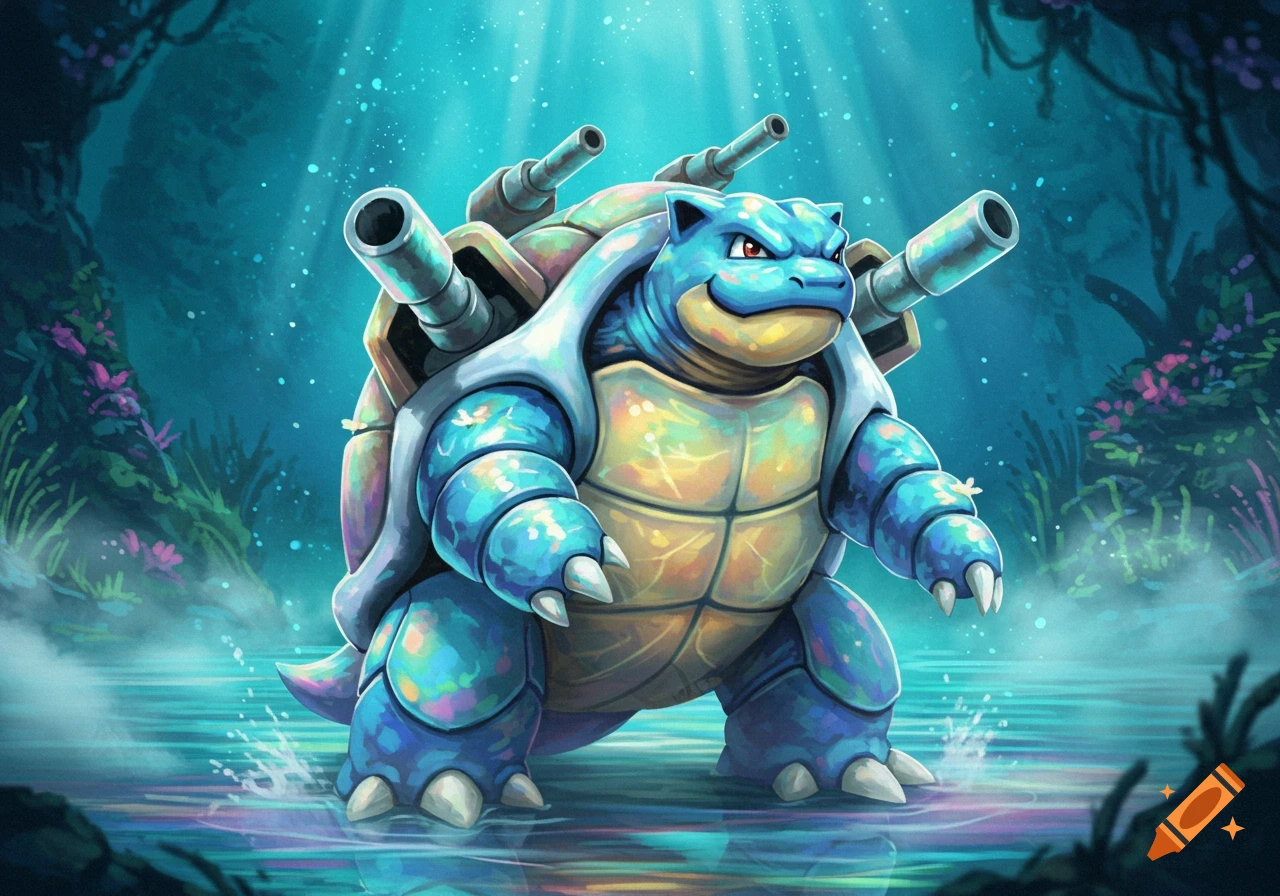 A vibrant illustration of the Pokemon Blastoise standing in shallow water in a dark, glowing forest.