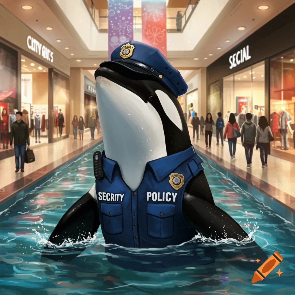 A detailed illustration of an orca dressed as a police officer, partially submerged in water, in the middle of a bustling shopping mall.