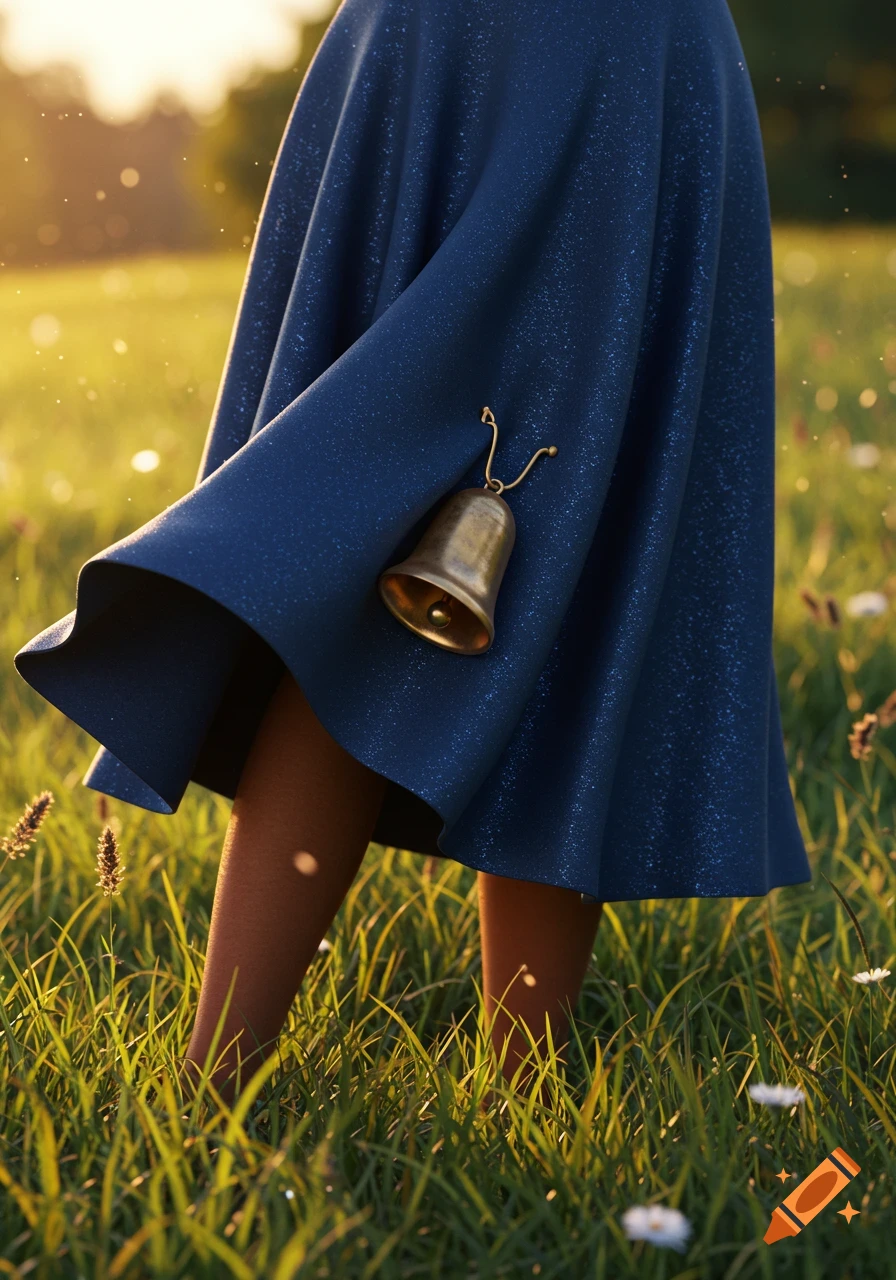 A low-angle shot of a person in a shimmering blue skirt with a brass bell, standing in a sunlit grassy field with wildflowers.