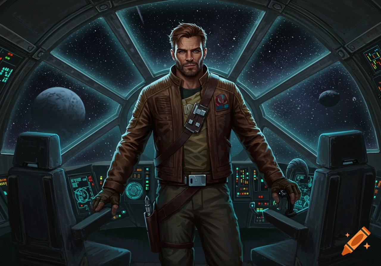 A male character in a brown jacket stands in a spaceship cockpit, looking out at space with planets.