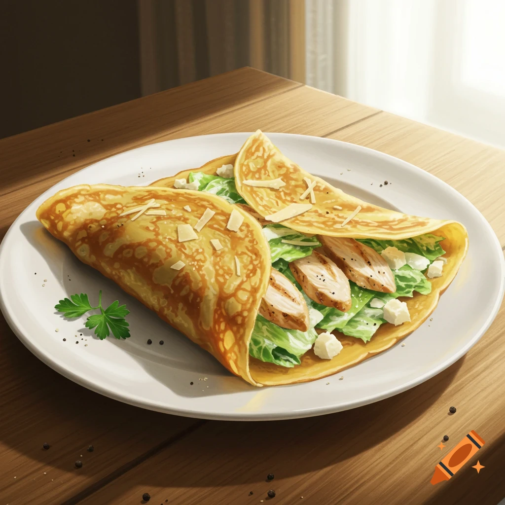 Two crepes filled with chicken caesar salad on a white plate on a wooden table, artistic style.