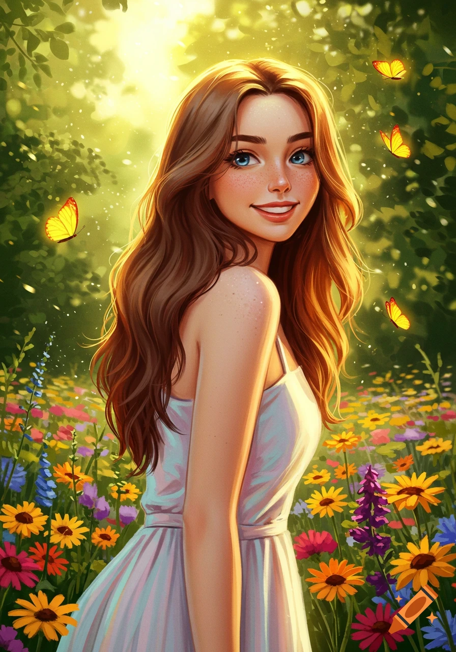 A stylized illustration of a smiling woman with long brown hair and blue eyes, standing in a vibrant field of wildflowers with butterflies under a glowing sunny sky.