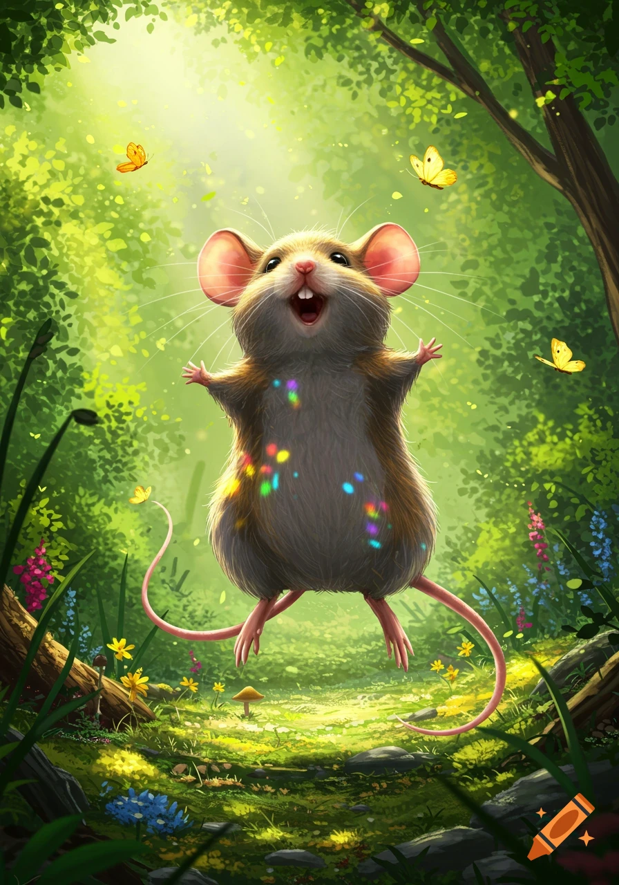 A happy cartoon mouse with colorful spots bounces in a vibrant green forest with butterflies.