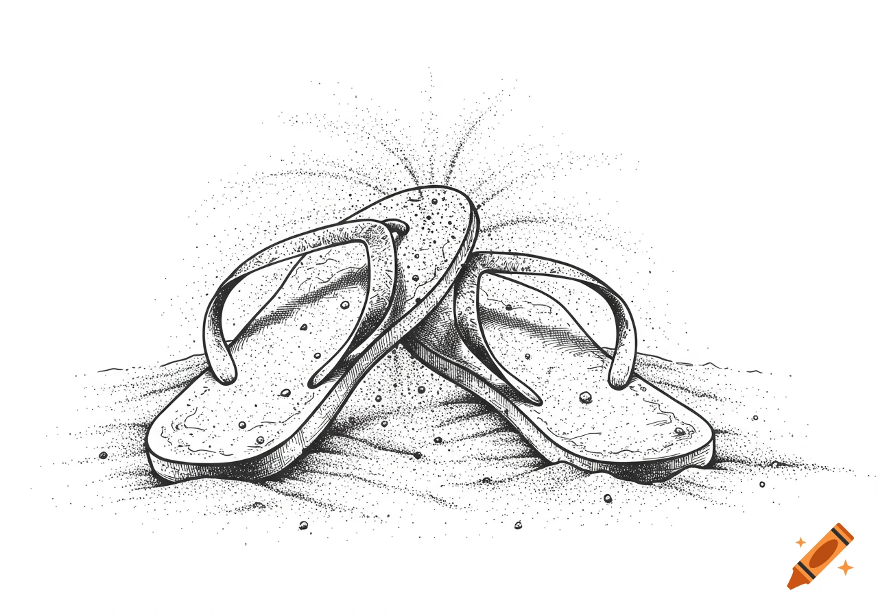 Black and white line art illustration of two flip-flops on sand, with sand particles scattering around them.