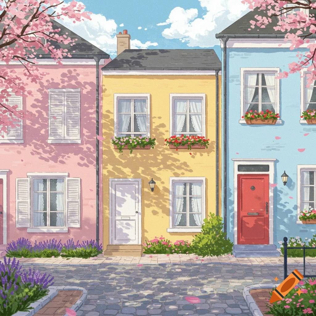 Three pastel-colored houses with cherry blossoms, flower boxes, and a cobblestone street in an illustrative style.