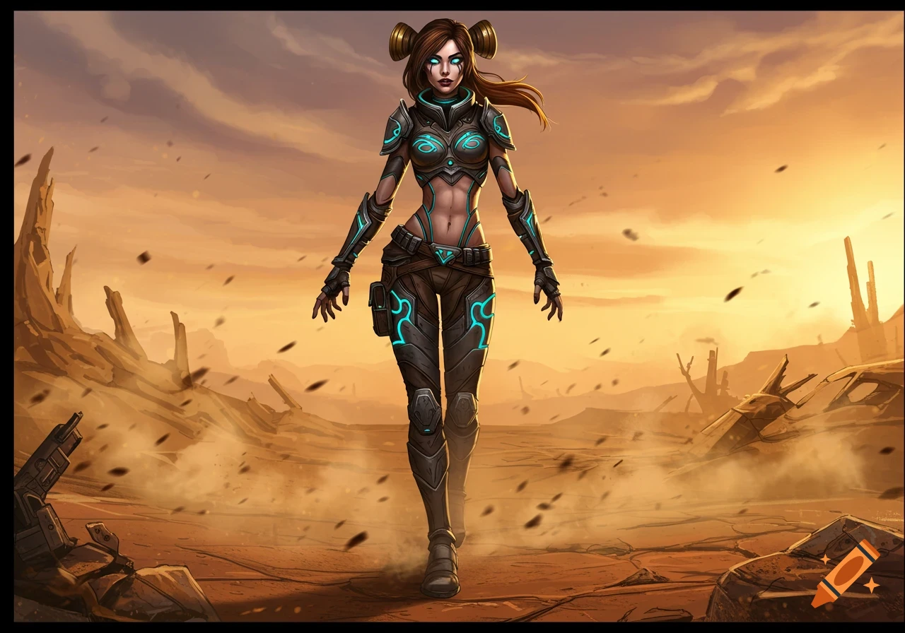 A female character with horns and glowing blue sci-fi armor stands in a dusty desert wasteland at sunset.