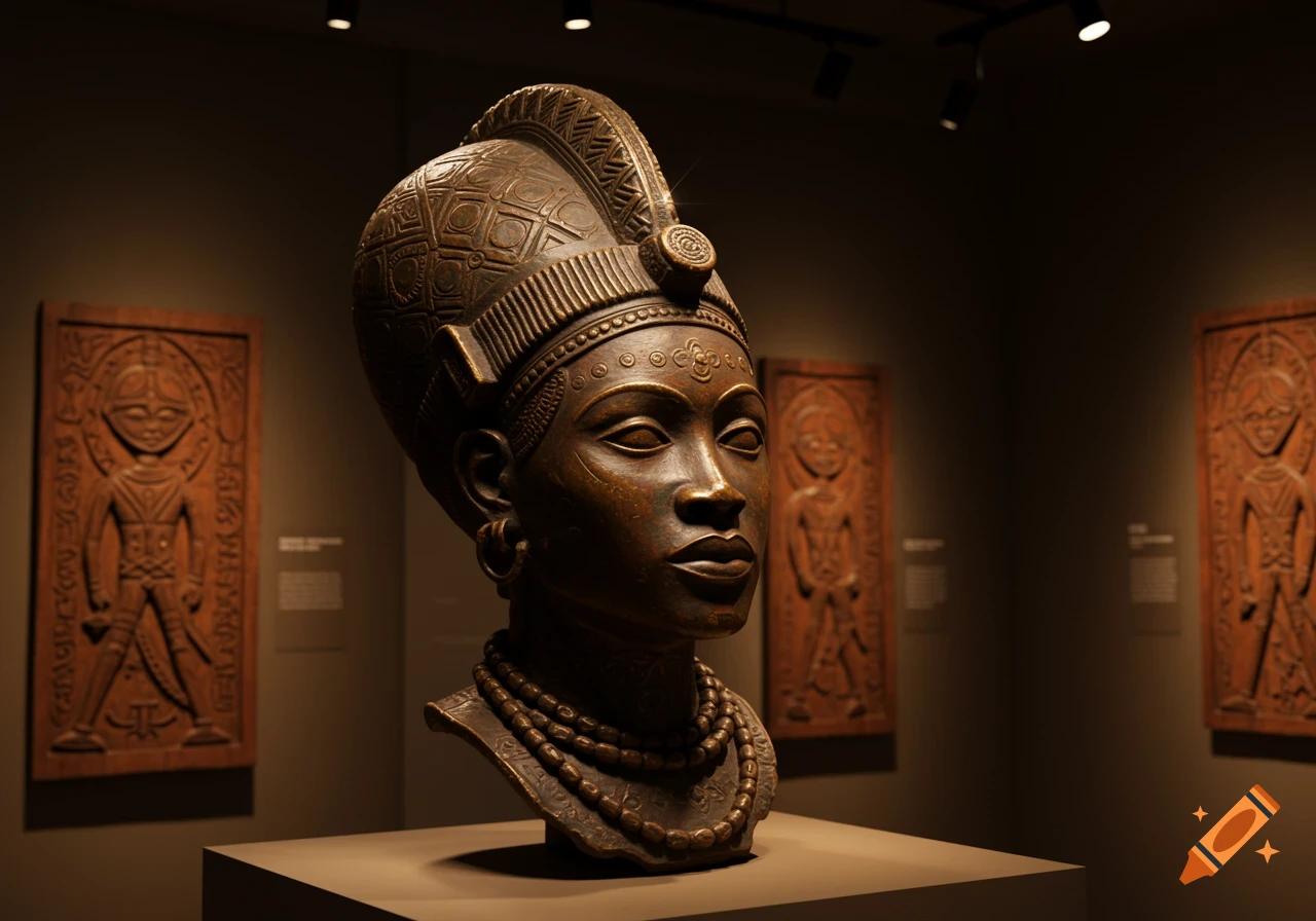 Bronze bust of a person wearing an ornate headdress and necklaces, displayed in a dimly lit museum with carved wooden panels on the walls.