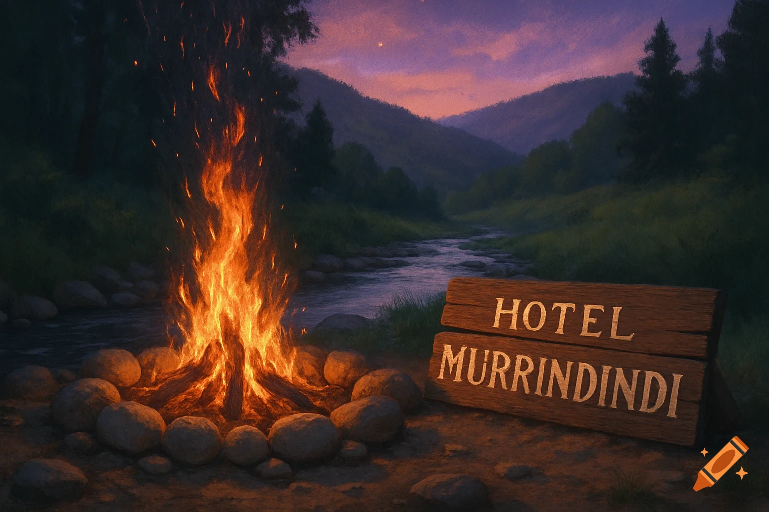 A vibrant campfire by a creek at dusk, with rolling hills in the background and a wooden sign reading "HOTEL MURRINDINDI".