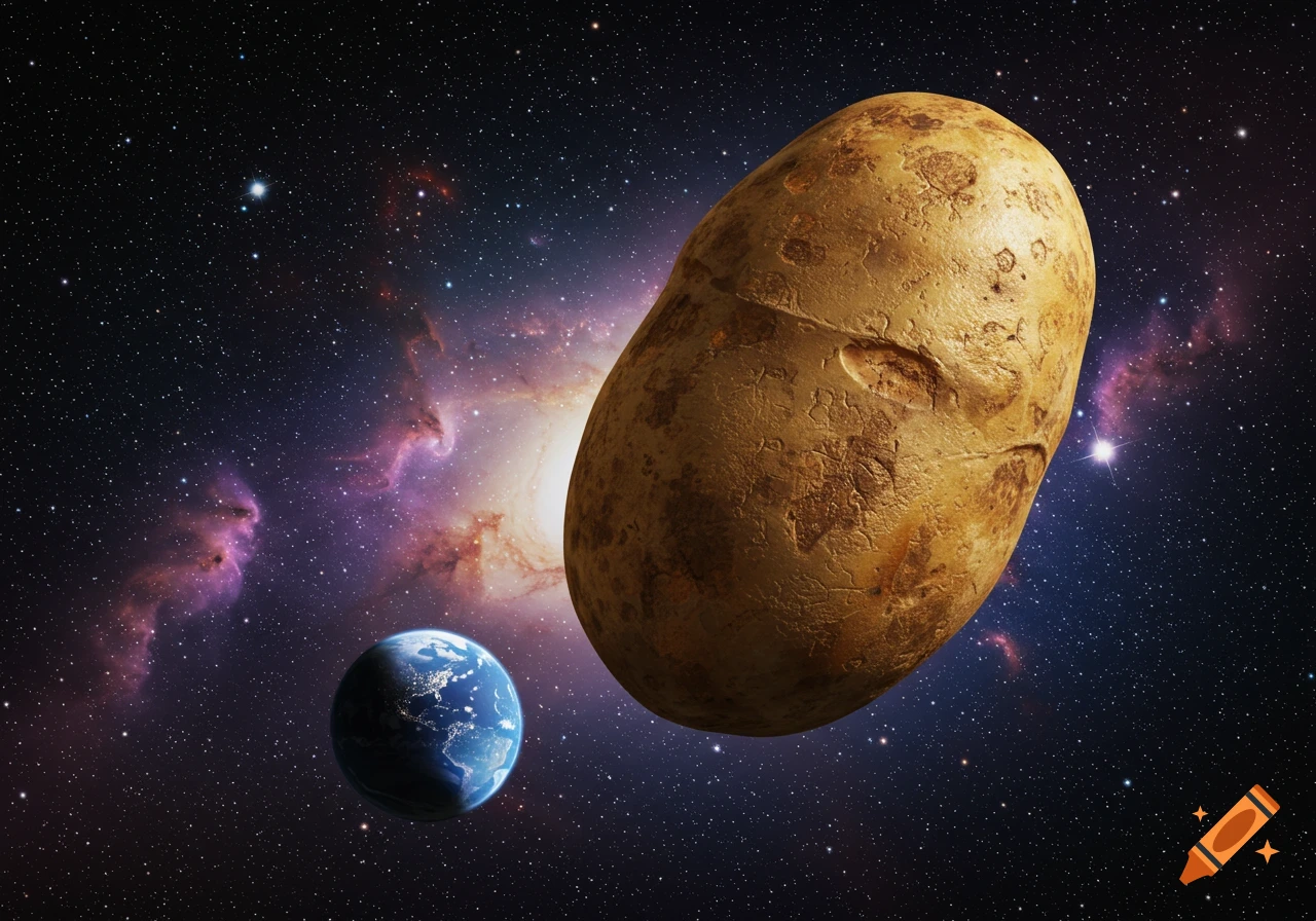 A giant potato-shaped asteroid floats in space near Earth, against a backdrop of stars and colorful nebulae.