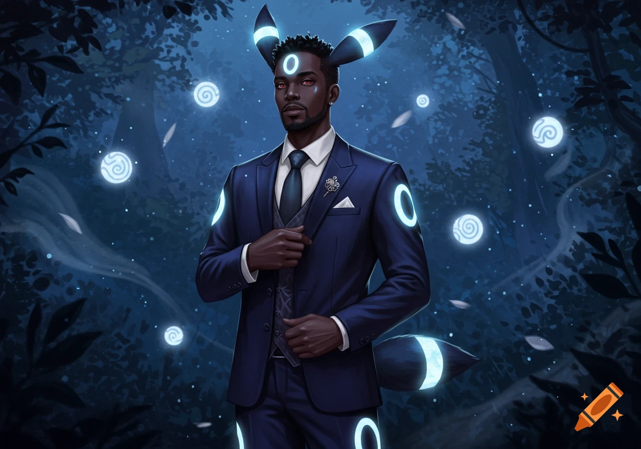 A stylish Black man with glowing Umbreon features (ears, rings, tail) stands in a dark, mystical forest with glowing orbs.