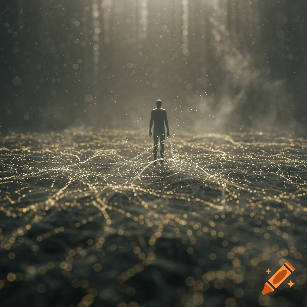 A lone figure stands in a misty, glowing landscape of interconnected light threads, with light beams filtering through a dark forest backdrop.