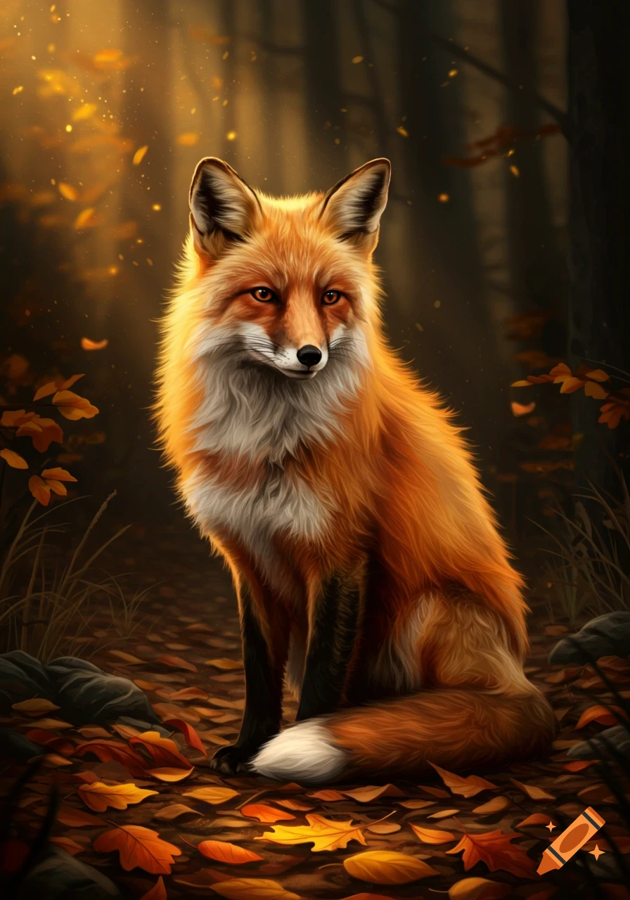 A red fox sits among fallen autumn leaves in a forest with warm light.