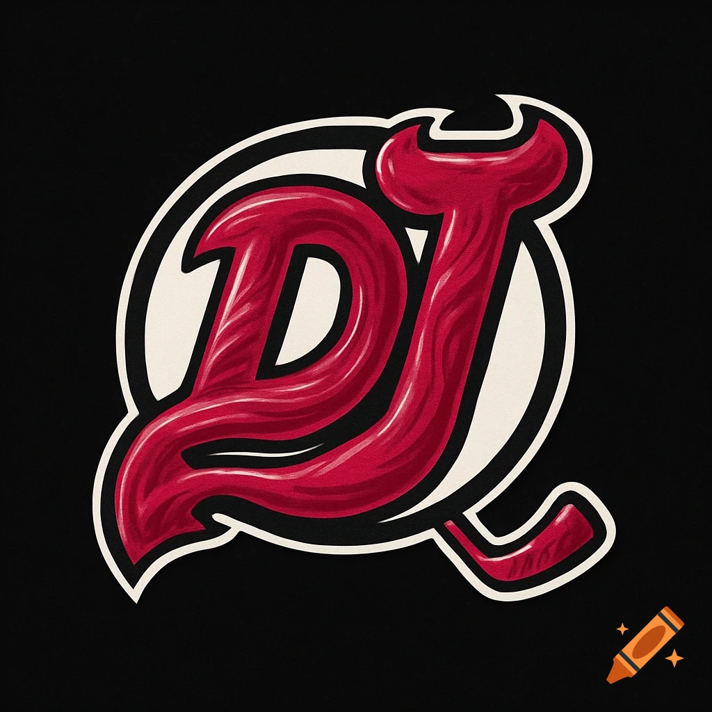 A red, textured 'DJ' logo in the style of the New Jersey Devils, outlined in white on a black background.