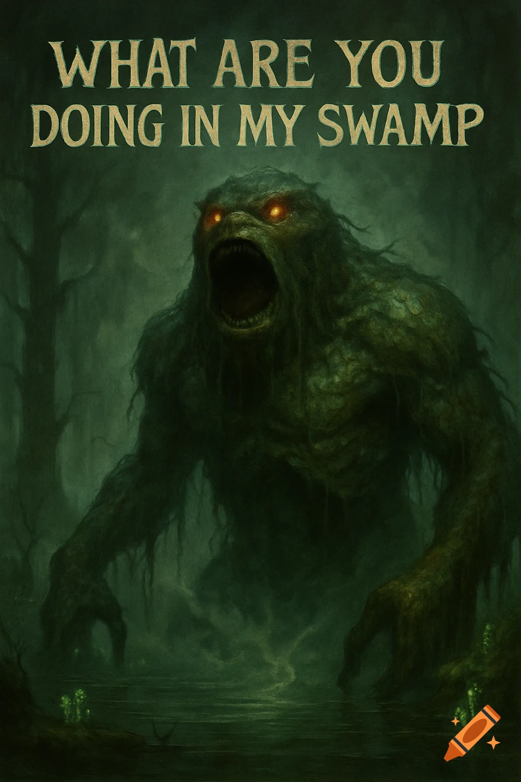 A dark green monstrous bog creature with glowing red eyes and an open mouth stands in a misty swamp with text 'WHAT ARE YOU DOING IN MY SWAMP'.