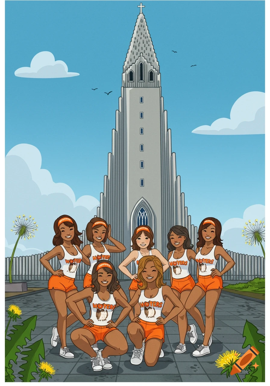A cartoon illustration of a group of women in Hooters uniforms posing in front of the Hallgrimskirkja church in Iceland.