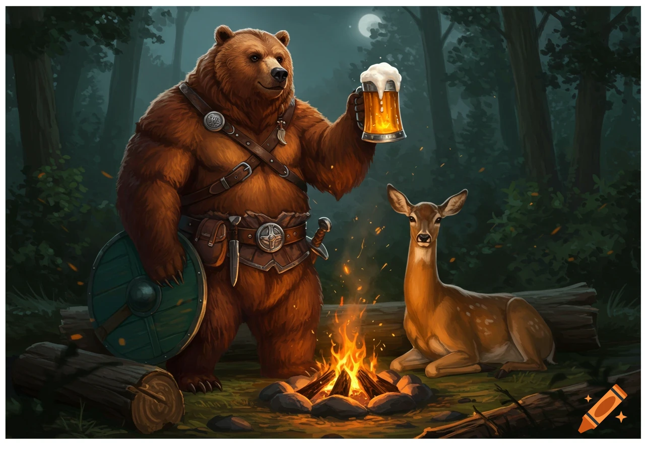 A Viking bear raises a foamy mug of beer in salute to a doe, both sitting by a campfire in a forest at night, digital illustration.