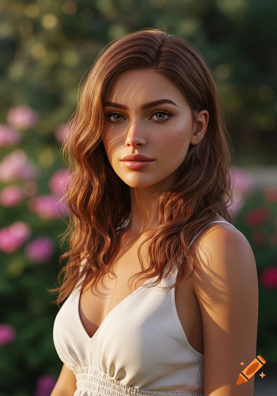 Photorealistic portrait of a young woman with long brown hair and green eyes, in a white dress, bathed in sunlight in a garden.