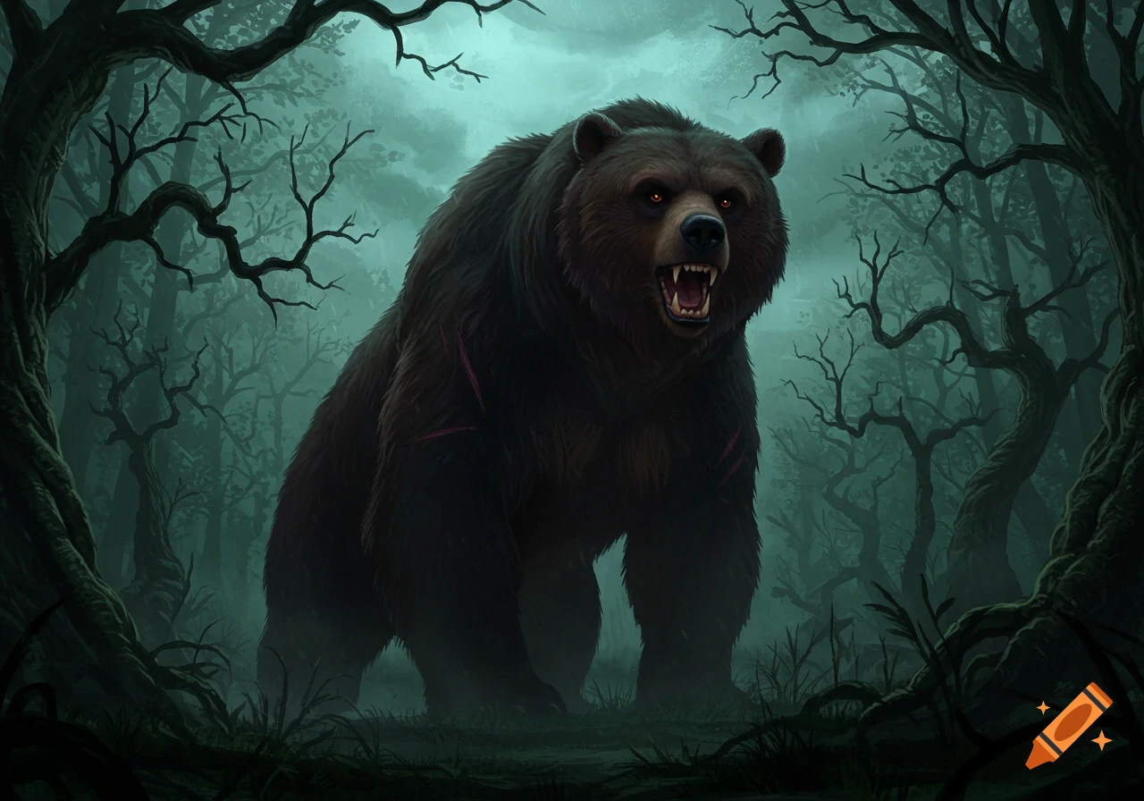 A fierce, dark brown bear with glowing red eyes and bared teeth stands aggressively in a misty, eerie forest, framed by dark trees.