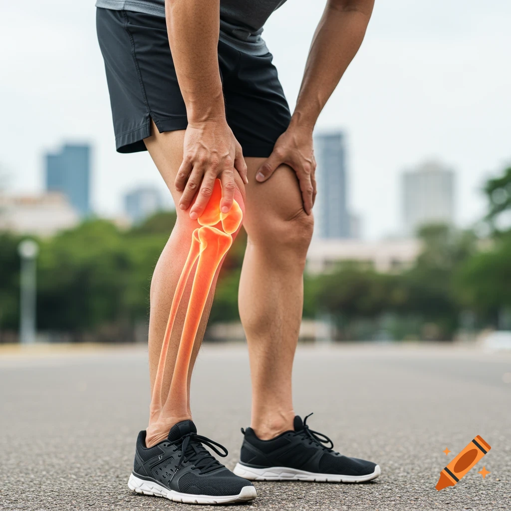 A man holds his knee, which is overlaid with a glowing red and orange skeletal graphic indicating pain or injury. He wears athletic shorts and shoes on an urban street.