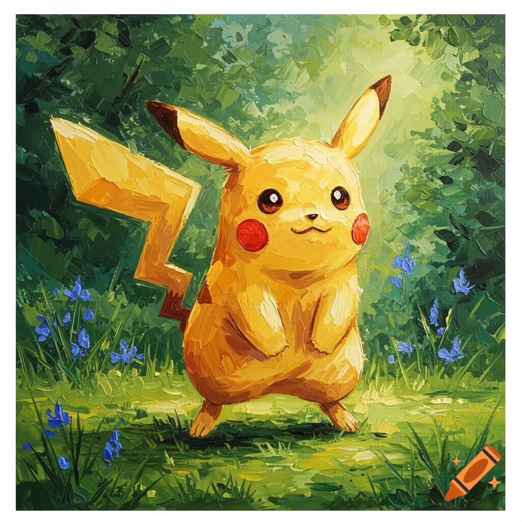 An oil painting of Pikachu standing in a vibrant green forest with small blue flowers.