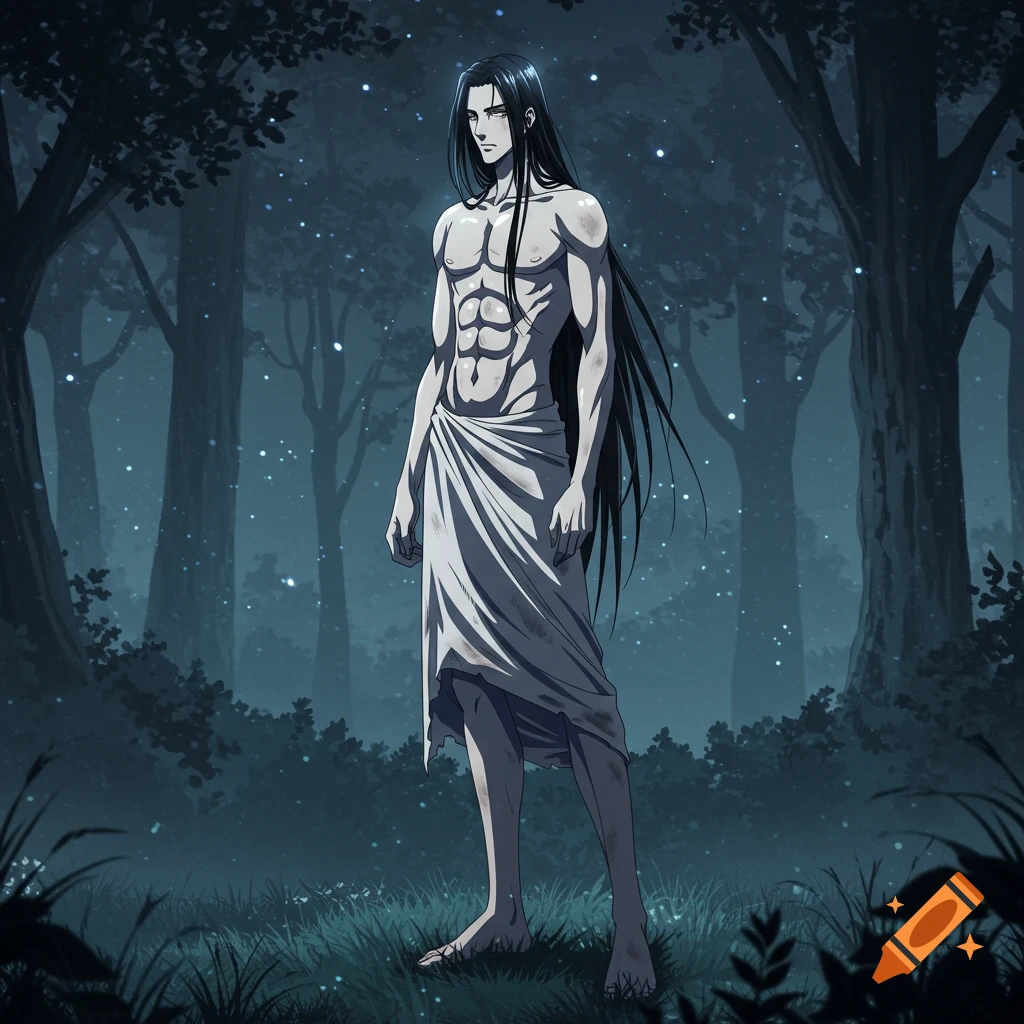 An anime-style muscular man with long black hair and a white loincloth stands barefoot in a dark, misty forest.