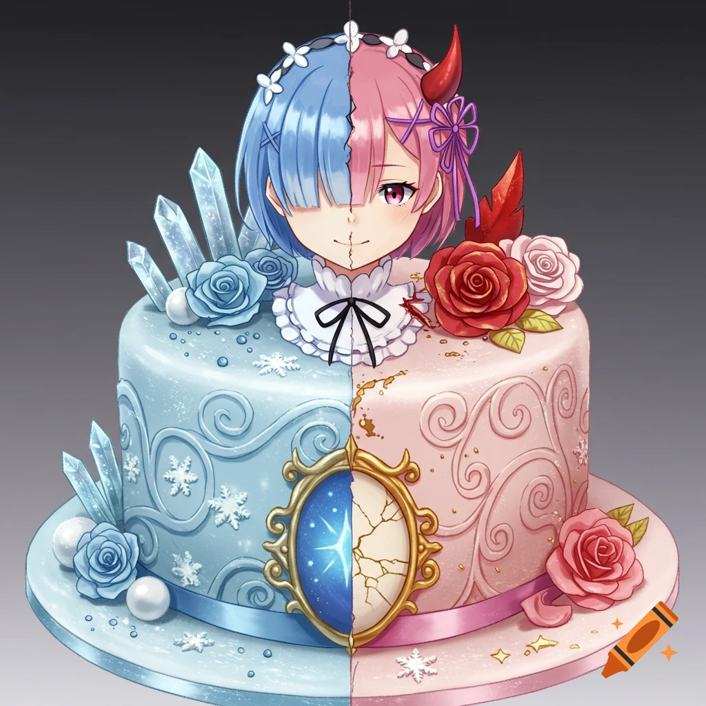 An anime-style cake split into two halves. The left blue half represents Rem with ice crystals and snowflakes, topped with her blue-haired head. The right pink half represents Ram with red roses and a horn, topped with her pink-haired head. A cracked mirror is at the base.