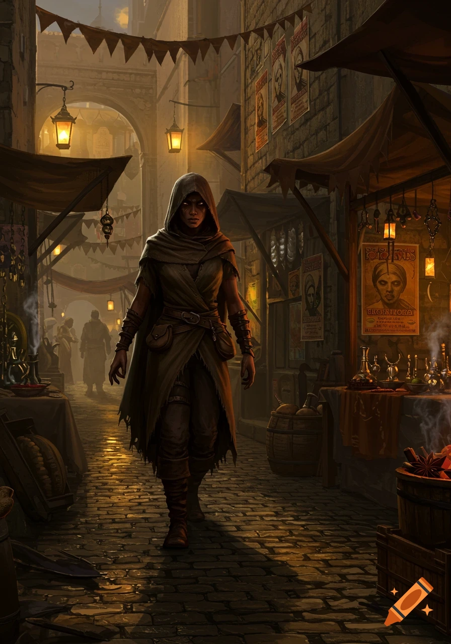 A cloaked rogue with glowing eyes walks through a dimly lit market alley at dusk.