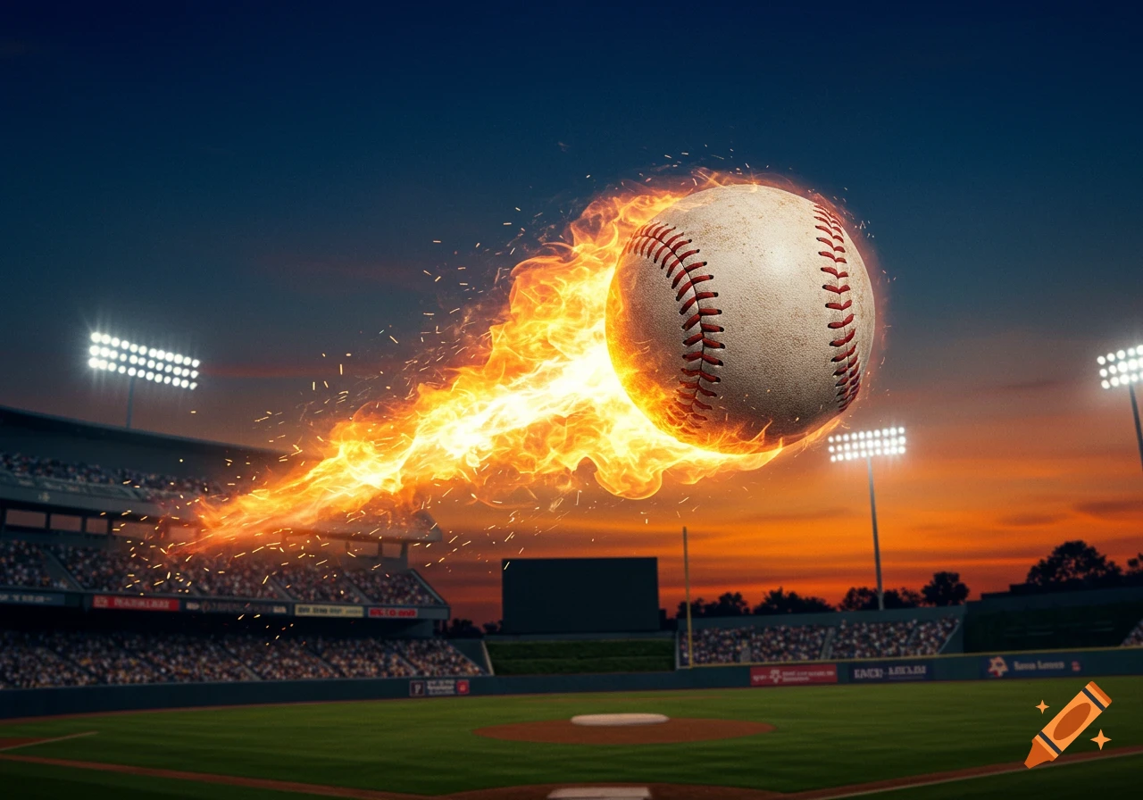A fiery baseball streaks across a baseball stadium at dusk with lights on and spectators in the stands.