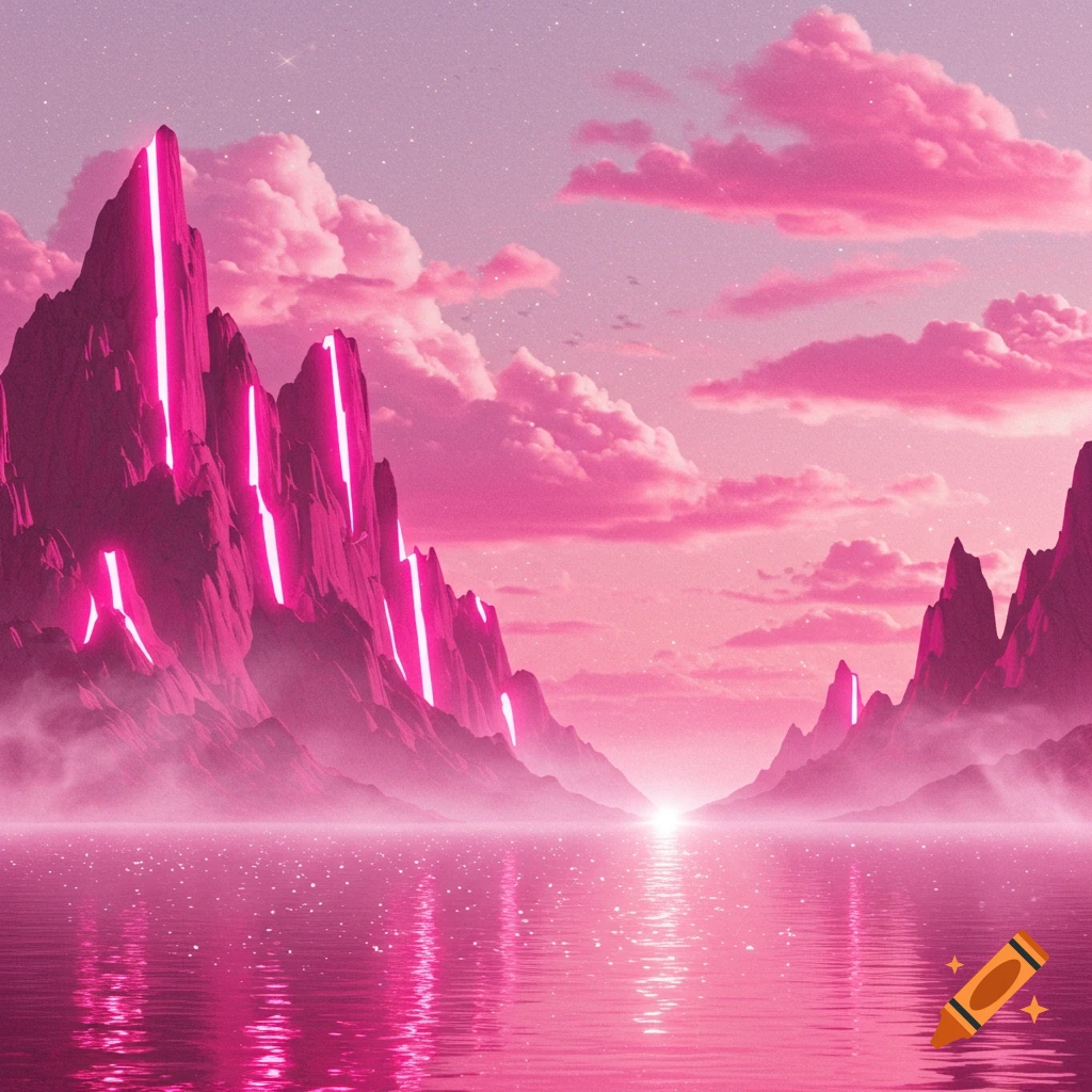 A vibrant pink landscape with glowing neon mountains reflected in a shimmering lake under a starry sky. Futuristic fantasy style.