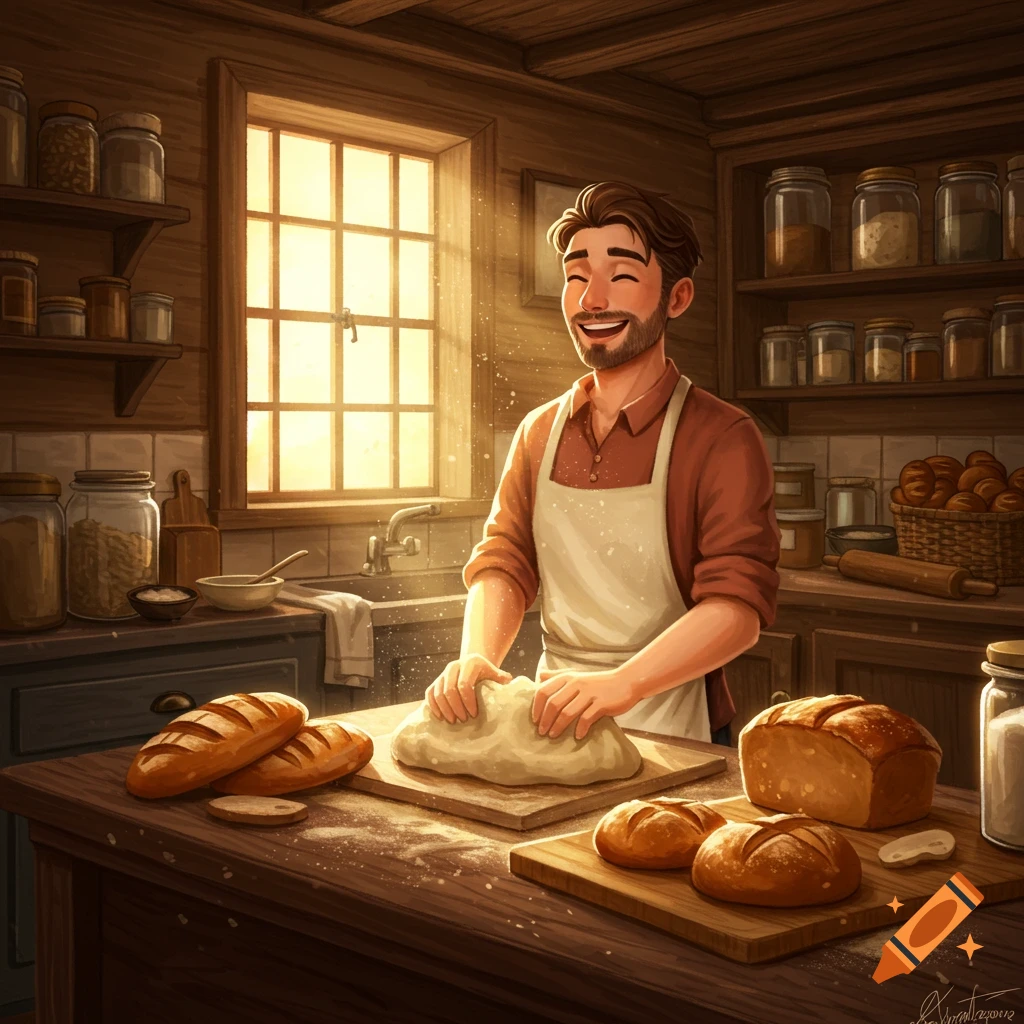 A smiling man with an apron kneads dough on a wooden counter in a sunlit rustic kitchen, surrounded by freshly baked bread.