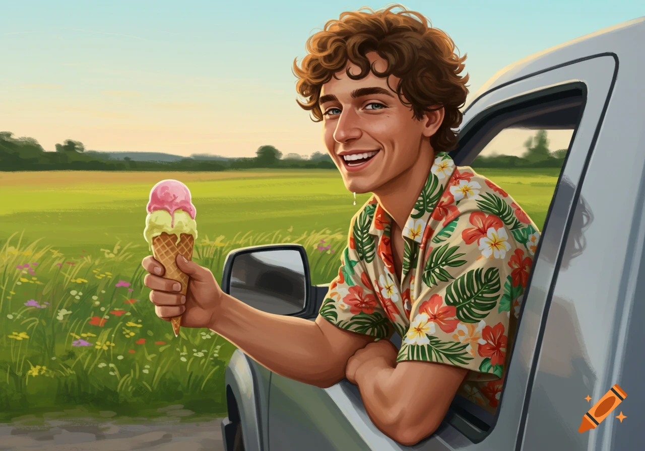 An illustrated young man with curly brown hair smiles and holds a melting ice cream cone out of a grey pickup truck, with green fields in the background.