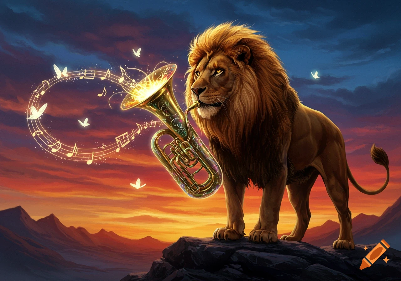 A majestic lion plays a glowing tuba on a rocky outcrop at sunset, with musical notes and butterflies.