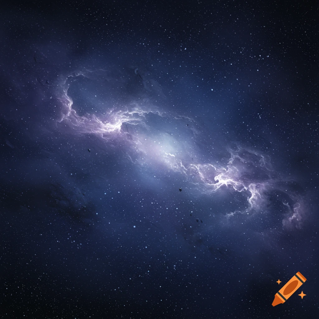 A vibrant purple and blue nebula stretches across a dark, star-filled void.
