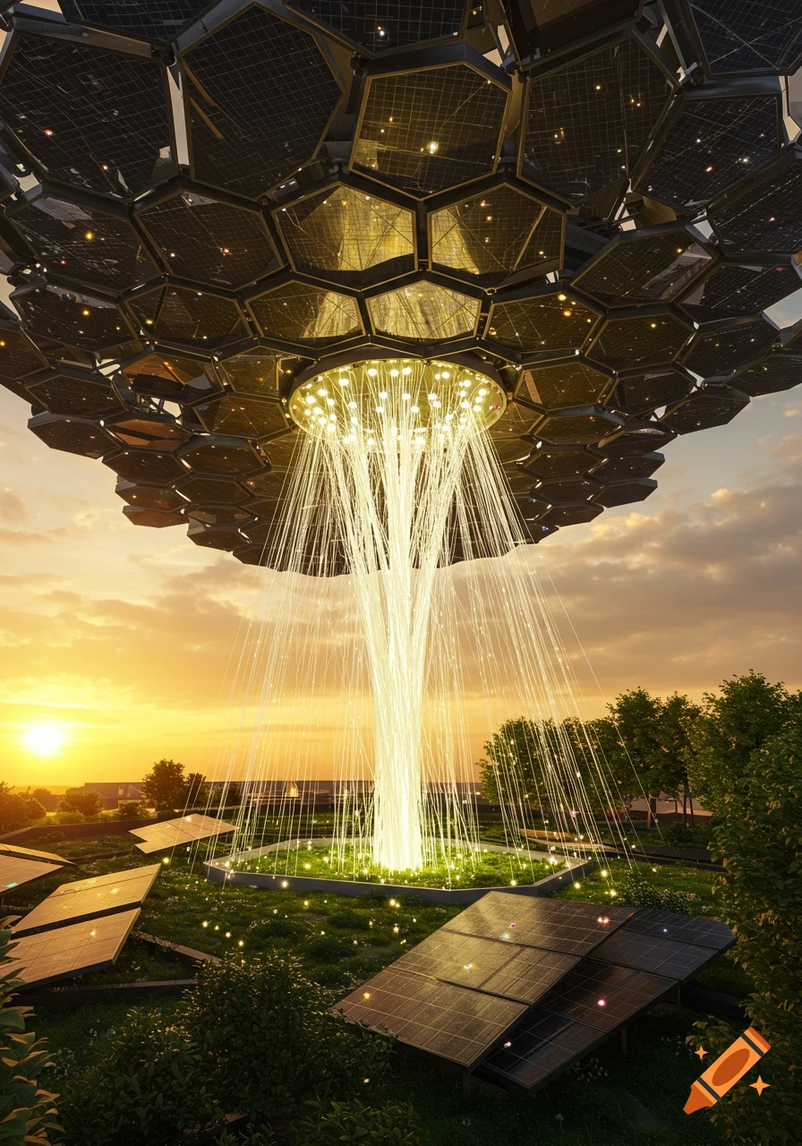 A photorealistic image of a futuristic solar energy sculpture with hexagonal panels and a glowing fiber-optic light fountain at sunset in a garden.
