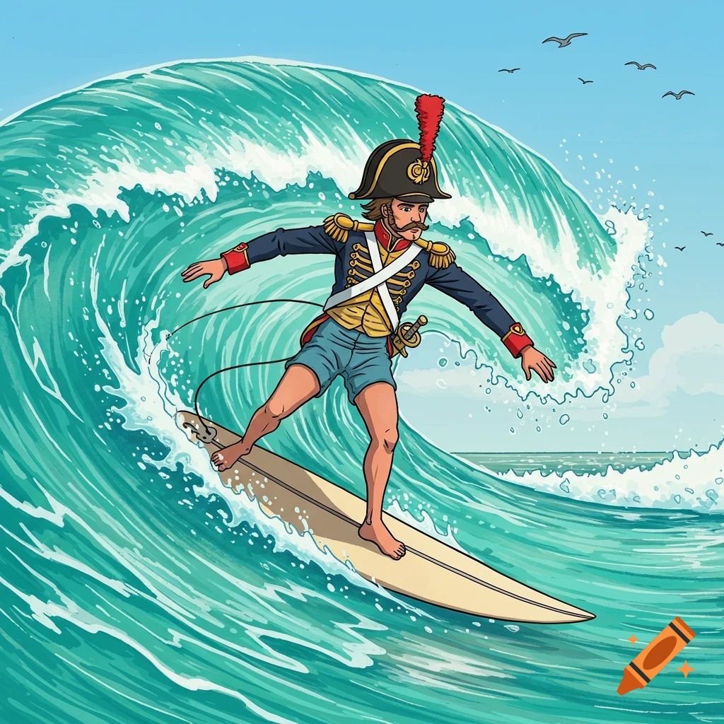 A cartoon illustration of a man with a Napoleonic uniform top and surfer shorts riding a large wave on a surfboard.