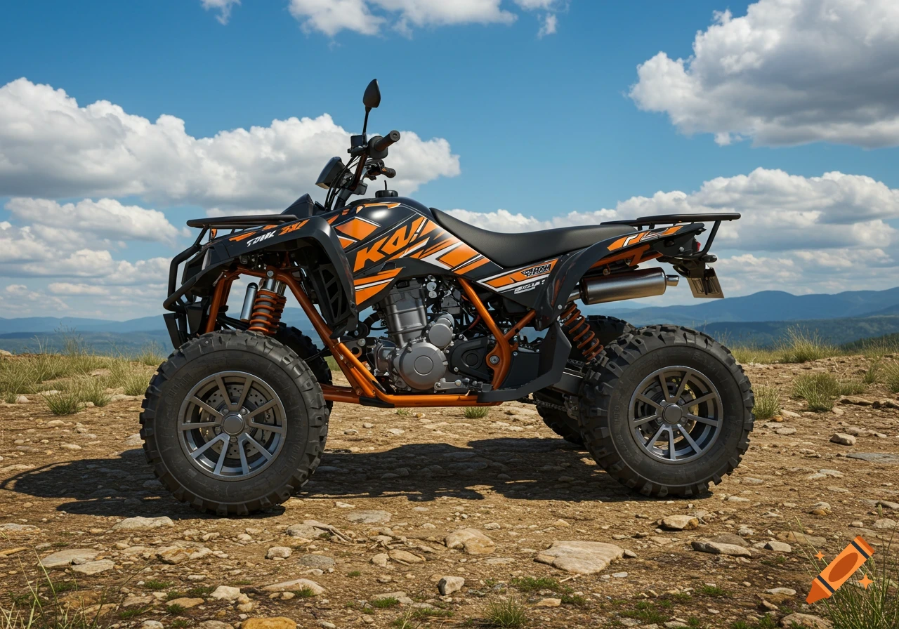 A black and orange ATV with large tires sits on a rocky, dirt path under a blue sky with white clouds, mountains in the distance.