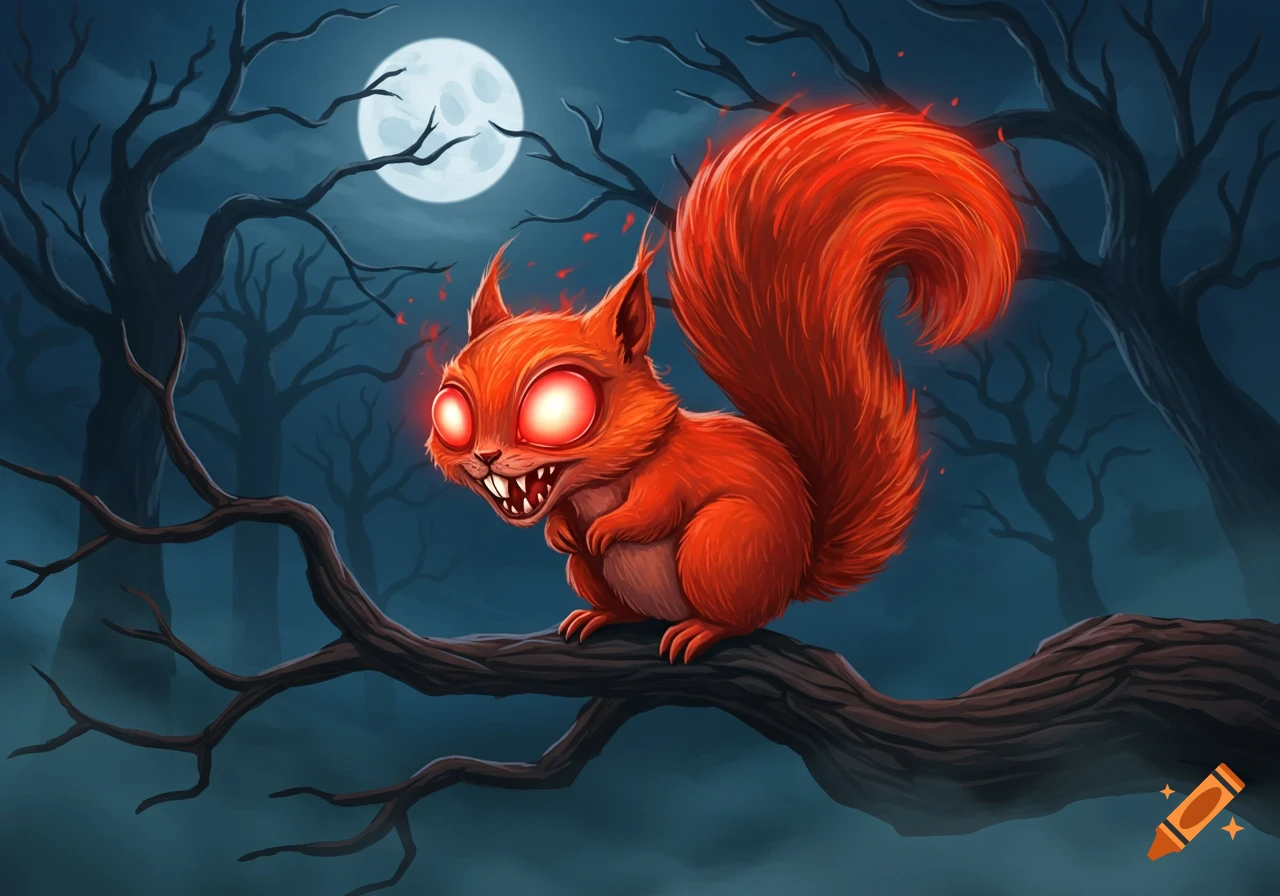 Cartoon red squirrel with glowing red eyes and fangs sitting on a tree branch in a dark, moonlit forest.