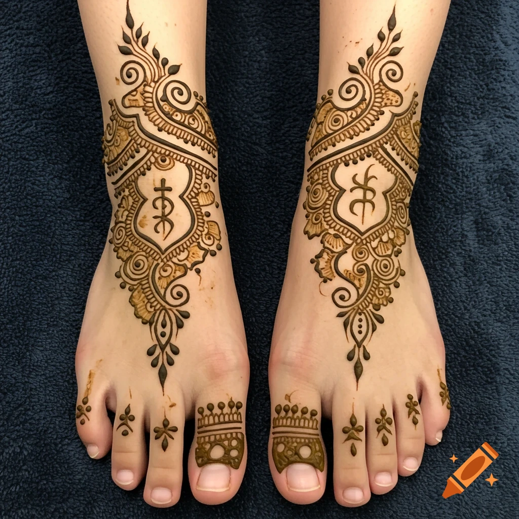 Detailed henna designs adorn a person's feet, featuring intricate patterns and symbols against a dark blue background.